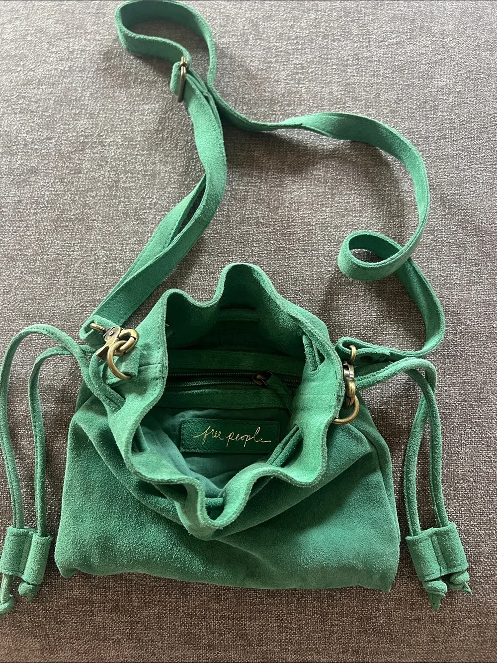 Free People Emerald Green Suede Drawstring Crossbody
